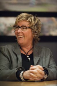 Monsters University Producer, Kori Rae talks with press at Monsters University Long Lead Press Days. Pixar Animation Studios. Emeryville, California. April 10, 2013 (Photo by Jessica Brandi Lifland/Pixar)