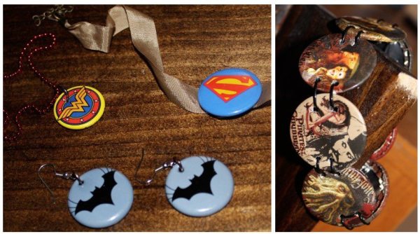 Turning buttons into fashion jewelry is just a matter of poking holes in the right place. They can also be pinned onto a ribbon for a choker-style necklace.