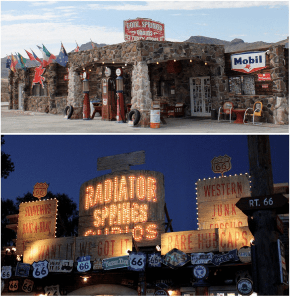 Cool Springs Cabins near Oatman, Arizona (top) and Lizzie's Radiator Springs Curios in Cars Land (bottom).