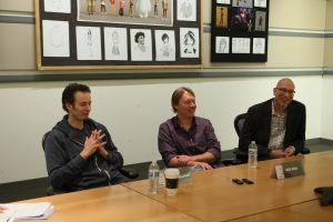(L-R): Directors Chris Williams & Don Hall and Producer Roy Conli. Photo by: Patrick Wymore. ©2014 Disney. All Rights Reserved.