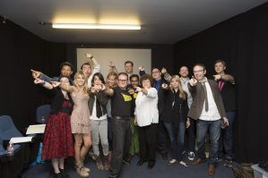 The cast of The Middleman at the reading of "the Pan-Universal Parental Reconciliation" in June, 2014.