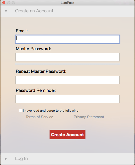 Account creating screen displayed for new users. Requires email address, password, password confirmation, and password hint.