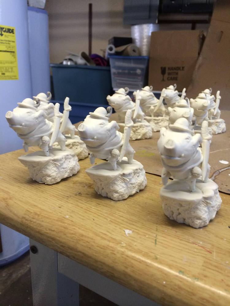Some Boar Knight statues being produced for the special album release puppet show.