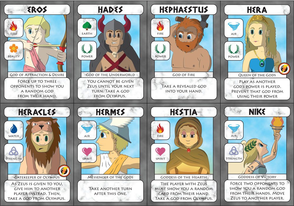 A sample of the cards in Oh My Gods!