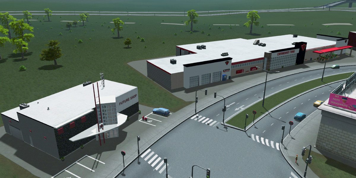A Future Shop sits next to Canadian Tire in Cities: Skylines.