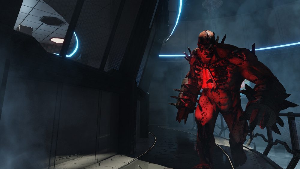 A huge beast with rotating spikes on each arm menaces the camera.