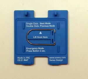 The reverse side of the battery hatch, including instructions, and the removable hanging hook. Image: Rory Bristol