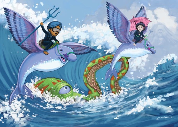 Characters riding flying fish in Storia.