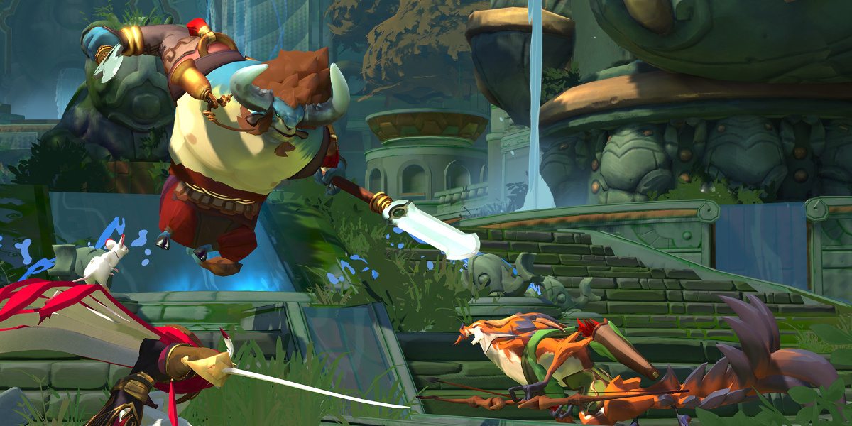 Characters clash in front of jungle ruins, a blue minotaur leaping into the air wielding two swords.