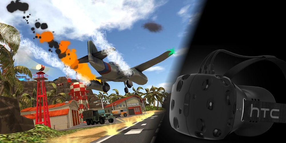 A scene from Final Approach showing an aircraft coming in for a landing, port engine on fire. On the right is a HTC Vive virtual reality headset.