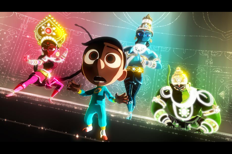 Durga, Vishnu and Hanuman stand with young Sanjay in 'Sanjay's Super Team'. © 2015 Disney-Pixar