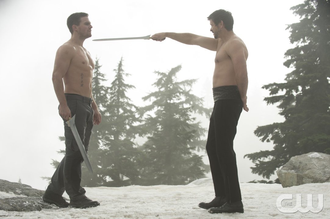 Arrow -- "The Climb" -- Image AR309b_0261b -- Pictured (L-R): Stephen Amell as Oliver Queen and Matt Nable as Ra's al Ghul -- Photo: Cate Cameron/The CW -- �© 2014 The CW Network, LLC. All Rights Reserved.