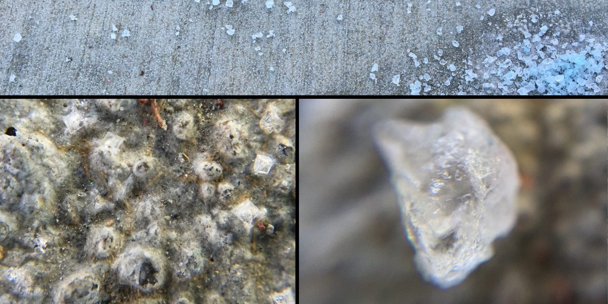 Collage showing concrete with rock salt on it, then zoomed photos of the concrete and a piece of rock salt.