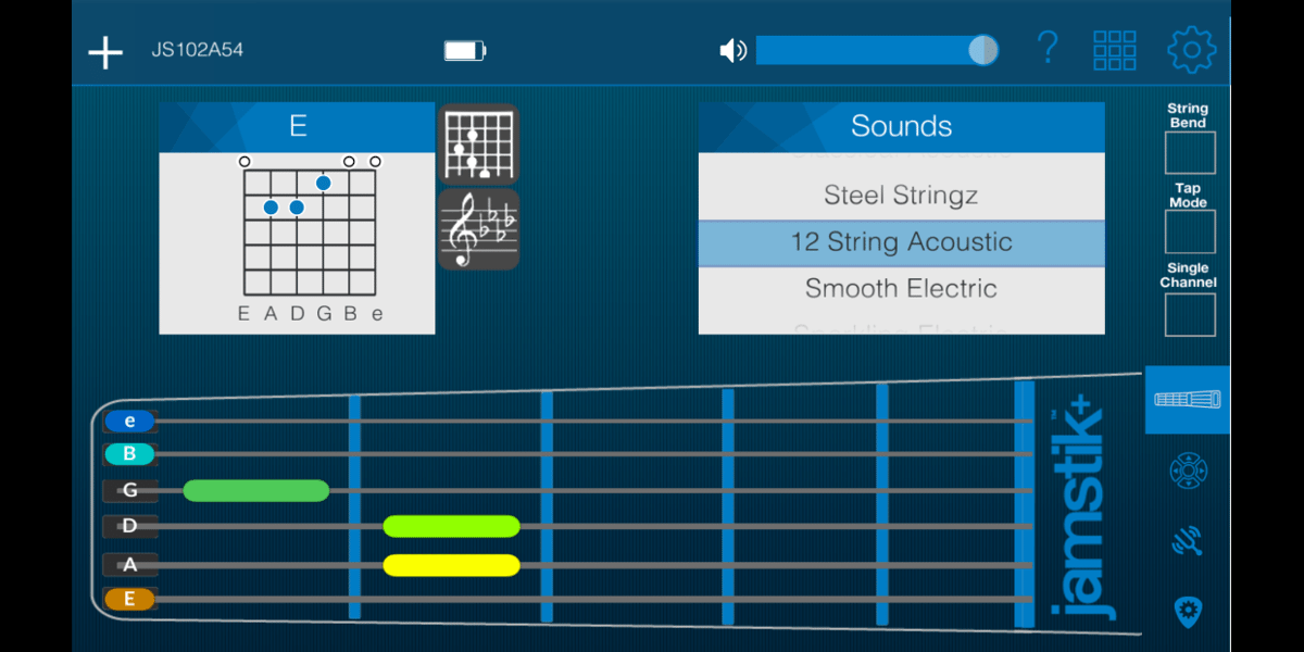 Screenshot from jamstik+ app, showing three frets in colors indicating they've been pressed, and the E chord identified at the top of the screen.