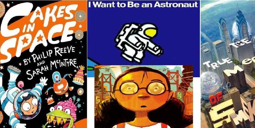 Cakes In Space image via Random House; I Want To Be An Astronaut image via HarperCollins; Oh No! and The True Meaning of Smekday images via Disney-Hyperion