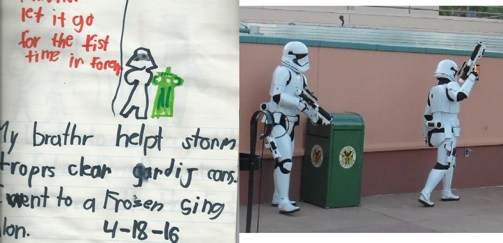 The 7-year-old's journal entry noting a couple of the day's highlights; photographic proof of garbage can clearing. Images via Amy M. Weir