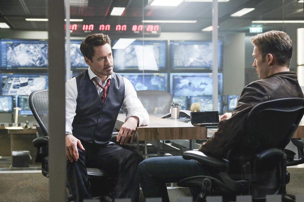 Tony Stark and Steve Rogers discuss politics. Photo Credit: Zade Rosenthal..© Marvel 2016