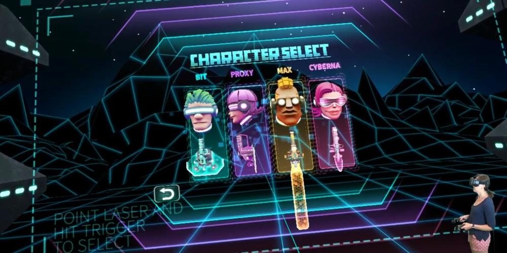 First person perspective choosing which of four characters to play with the human player inset on the bottom right.