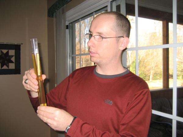 My husband uses a hygrometer to assess the alcohol content of his homebrewed beer. Image credit: Patricia Vollmer.
