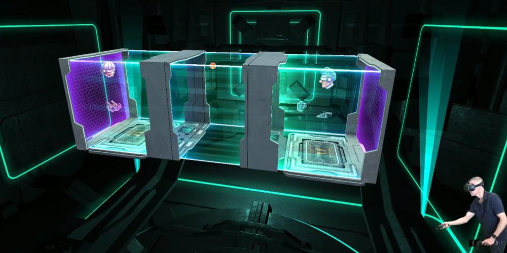 External view of multiplayer game, one floating head/arms at each end of a tunnel in Cyberpong VR.