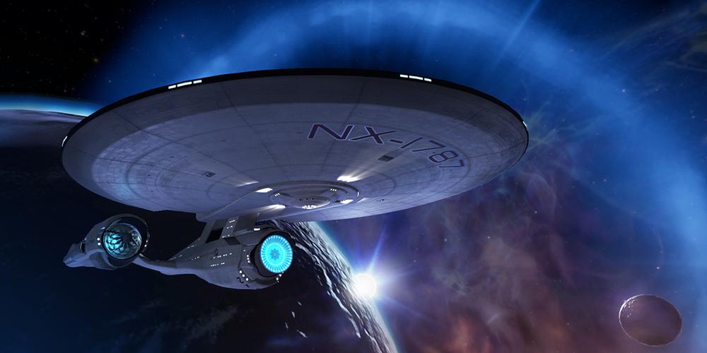 External shot of the U.S.S. Aegis orbiting a planet in 'Star Trek: Bridge Crew'.
