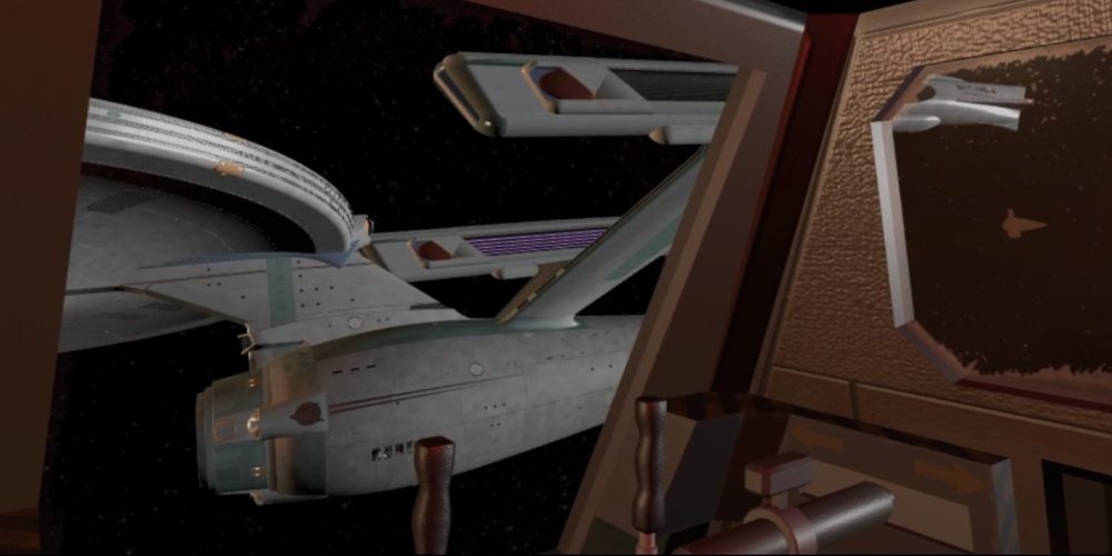 A view from inside a shuttlecraft in "The Constitution Class Experience" looking at NCC-1701-A.