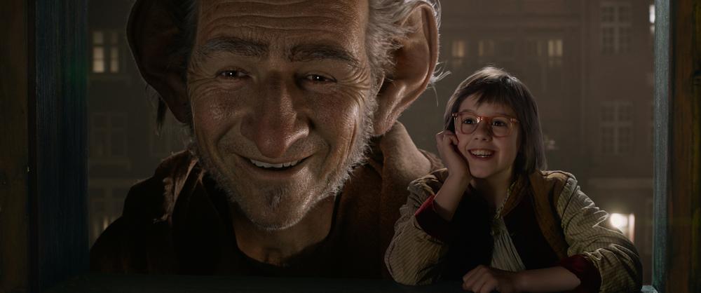 The Big Friendly Giant (Mark Rylance) and Sophie (Ruby Barnhill) become friends in 'The BFG'. image © Disney