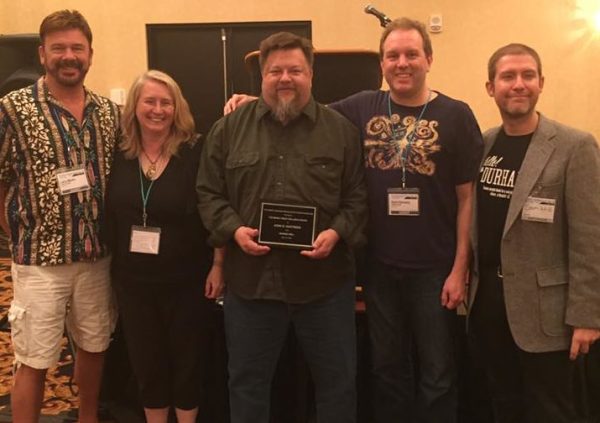 Finalists (from left) Larry Martin, Gail Z. Martin, John G. Hartness, Darin Kennedy (Ursula Vernon not pictured) with Samuel Montgomery-Blinn