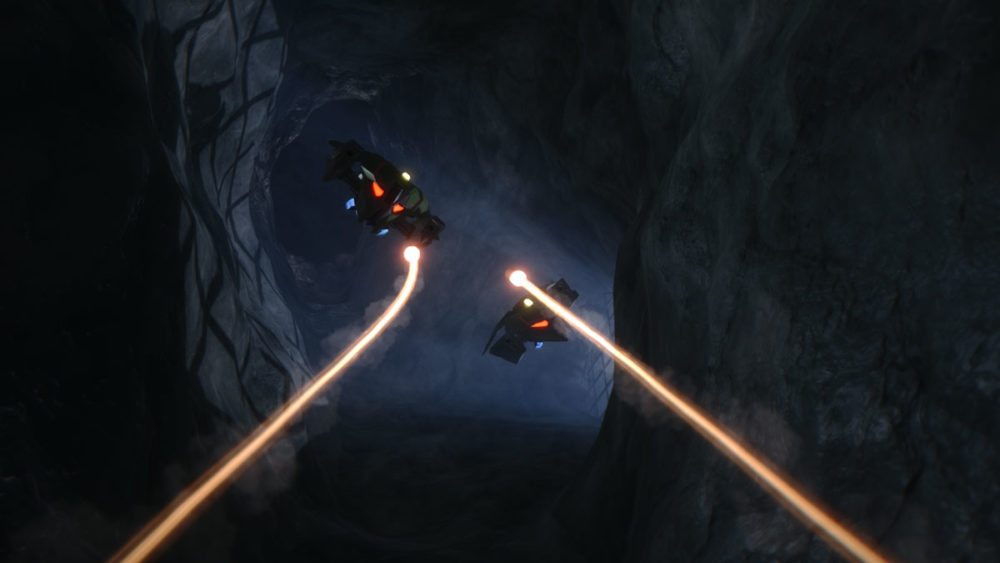 Drones in a dark tunnel project beam lasers towards the screen in Overload.