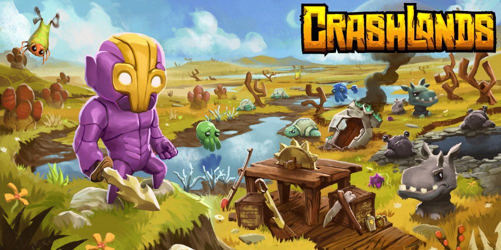 Title screen for Crashlands with a purple armored humanoid with a jagged sword in front of a grassy landscape.