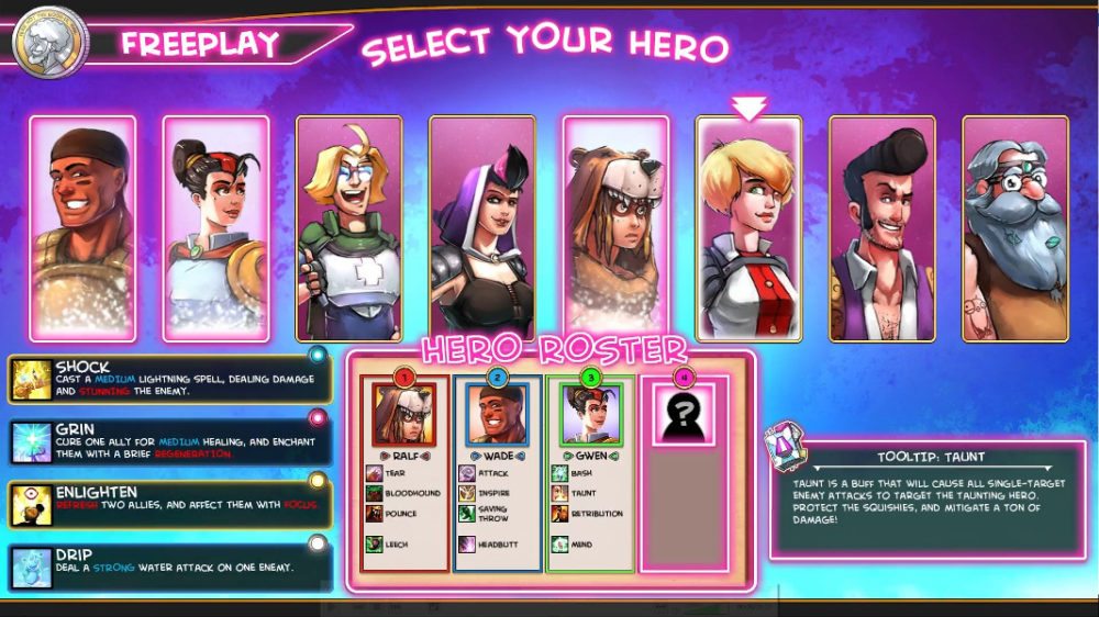The character select screen for free play mode in 'The Metronomicon' showing the eight classes.