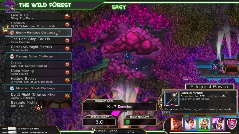 Map of a magical forest, showing a portion of the map depending on what song ins selected from the playlist.