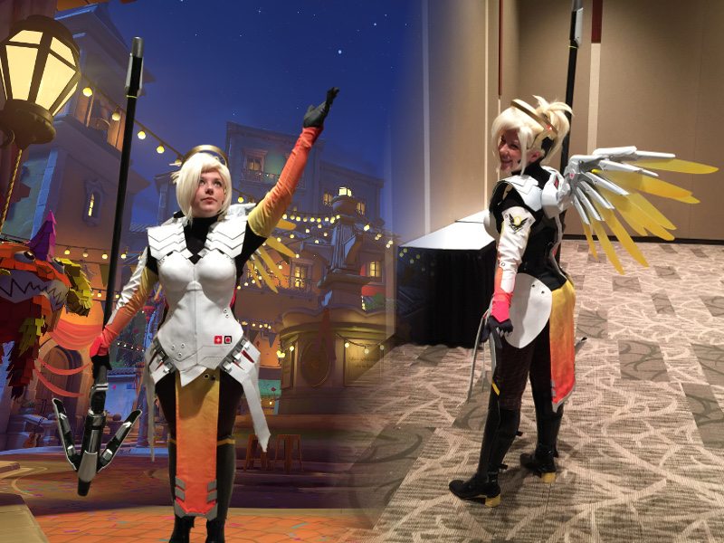 Mercy from Overwatch, Cosply at PAX West 2016. There are two photos of the same person, one has been superimposed on a screen shot from a level of Overwatch.