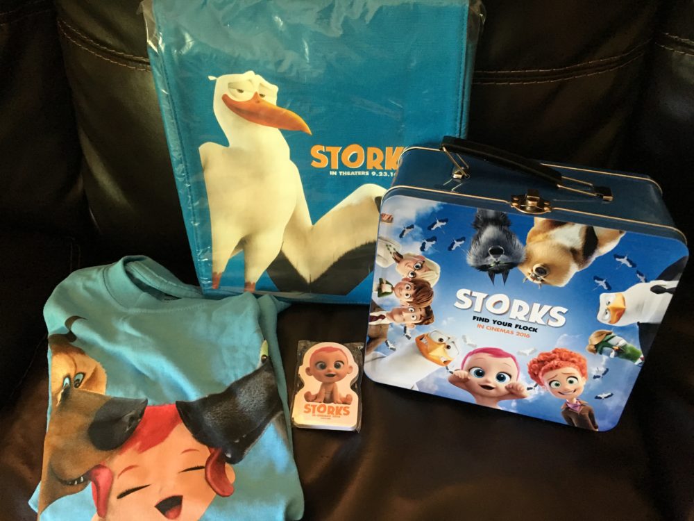 Storks youth t-shirt, lunchbox, backpack and sticky notes. photo by Corrina Lawson