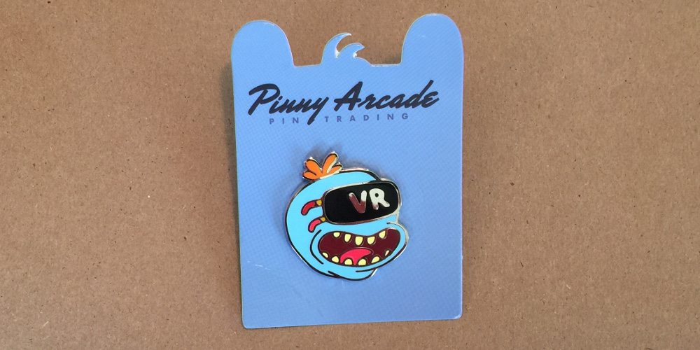 Pinny Arcade pin showing Mr. Meeseeks from Rick and Morty, wearing a VR headset.