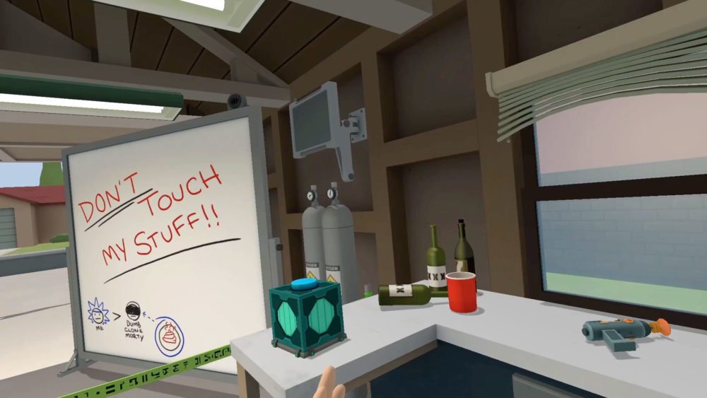 Scene from inside the garage in Rick and Morty Simulator: Virtual Rick-ality showing Rick's white board and a message to the dumb Morty clone telling him not to touch Rick's stuff.