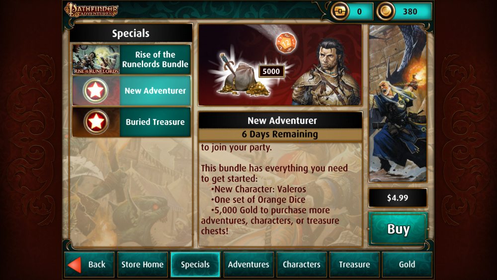 The Pathfinder Adventures "New Adventurer" bundle, showing a price of $4.99.