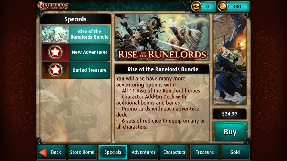 Screenshot from Pathfinder Adventures showing part of the description of the Rise of the Runelords bundle for $24.99
