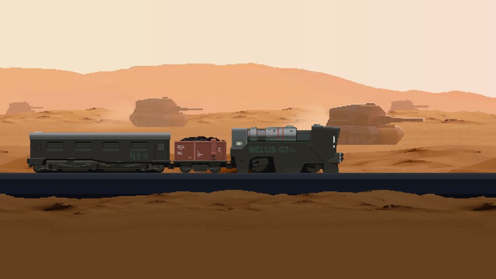 A train labeled "BELUS-07" with a coal coar and passenger car travels on rails across a desert landscape, tanks in the distance, in 'The Final Station."