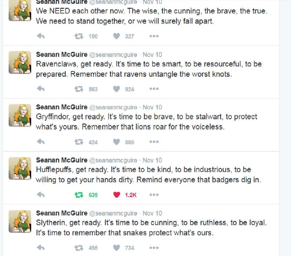 Seanan McGuire's Hogwarts House Tweets from 11-10-16