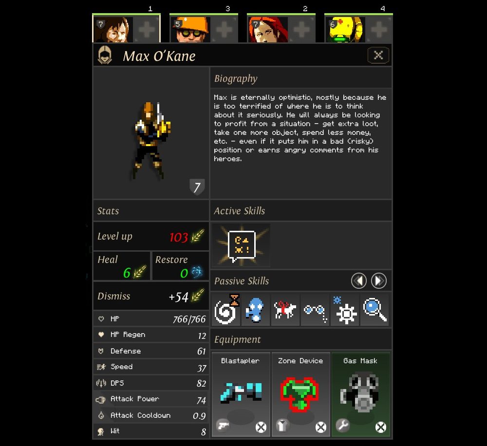 The character screen in Dungeon of the Endless reveals a set of statistics such as health, damage, defense, damage per second, and also shows character abilities and equipment.