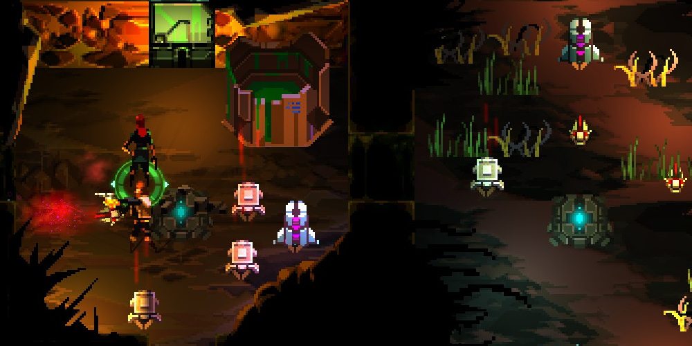 A zoomed in shot of Dungeon of the Endless showing various defensive structures that have been built.