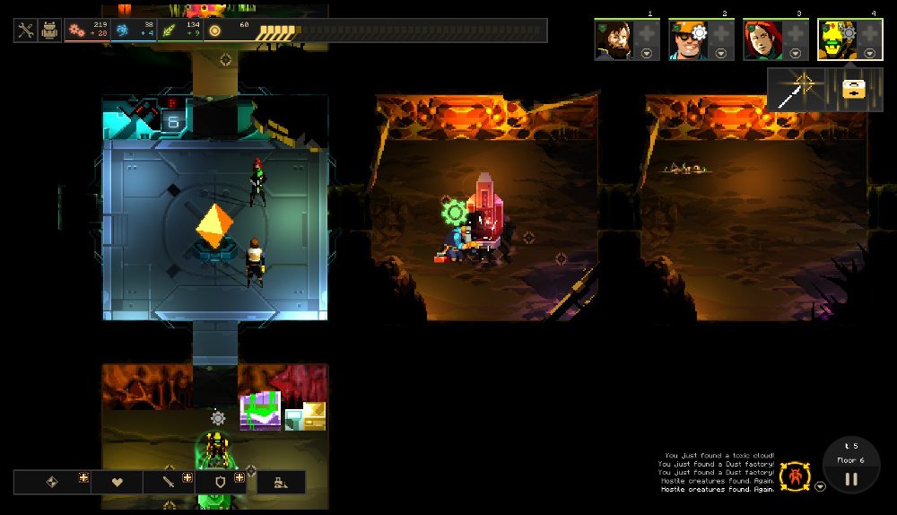 The main interface in Dungeon of the Endless, showing heroes in rooms, with two characters "operating" equipment, as shown by gear icons above their heads.