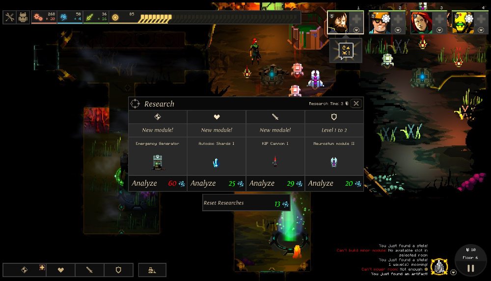 A pop-up in Dungeon of the Endless, showing four research opportunities, for varying research costs.