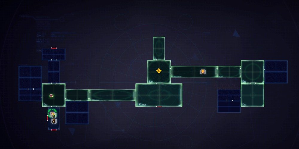 The zoomed-out strategic view in Dungeon of the Endless. This shot shows a number of unpowered rooms, with no available dust to power them.