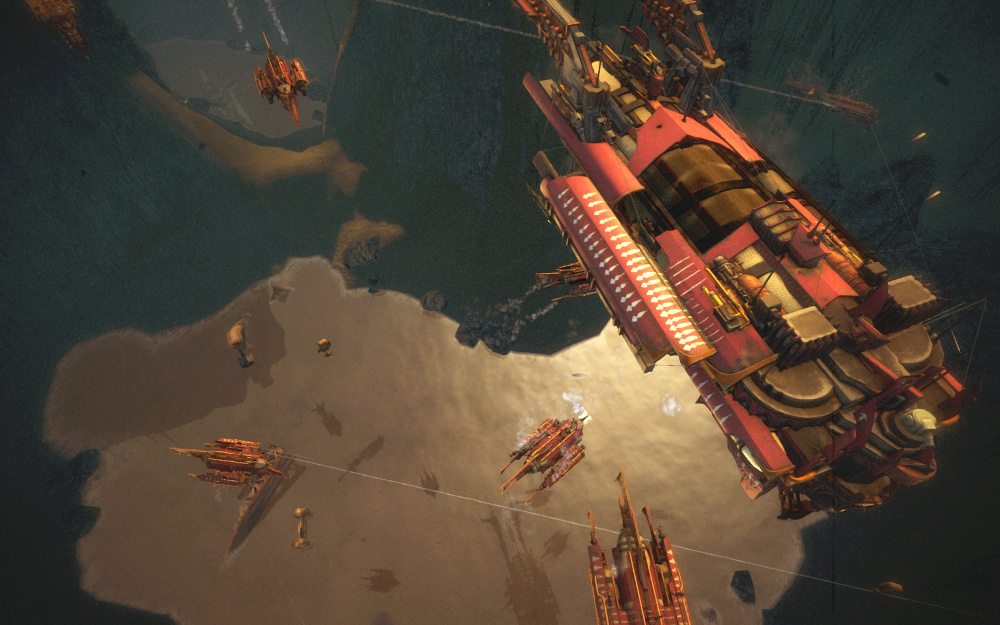 An overhead view of an airship engagement, showing combatants at various heights above the canyon floor.