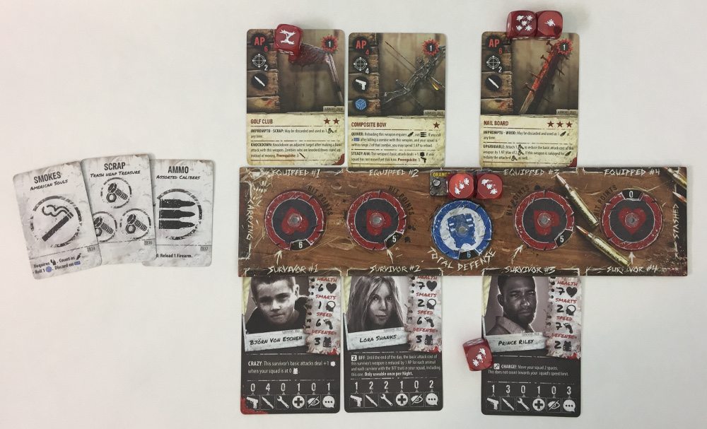A Zpocalypse 2 squd board with survivors, weapons, and carried items. Dials show the health of each survivor and total squad defense.