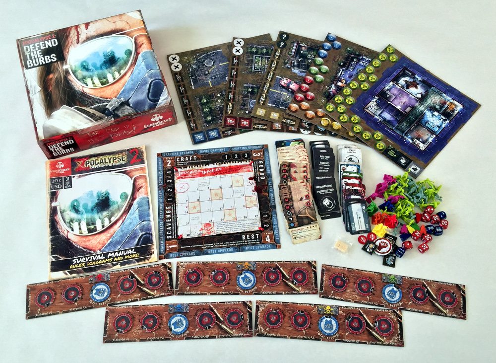 All game components from Zpocalypse 2 laid out on a white background.