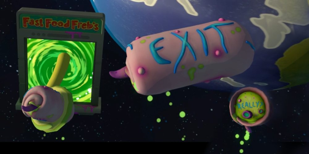 A 'tasty chunk' hunk of meat with the word "exit" on it floats beside a "Fast Food Freb's" portal. Another half-eaten chunk floats beside with the word "Really?" written on its end.