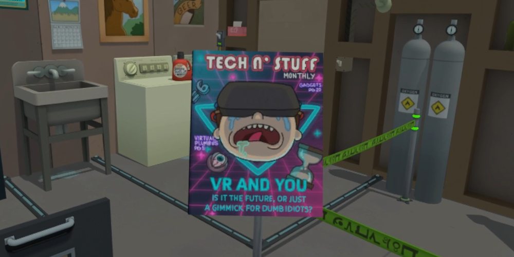 The cover for "Tech 'n Stuff" with the subtitle "VR and You Is it the future or just a gimmick for dumb idiots?" and teasers for "Virtual Plumbus" and "Gadgets"